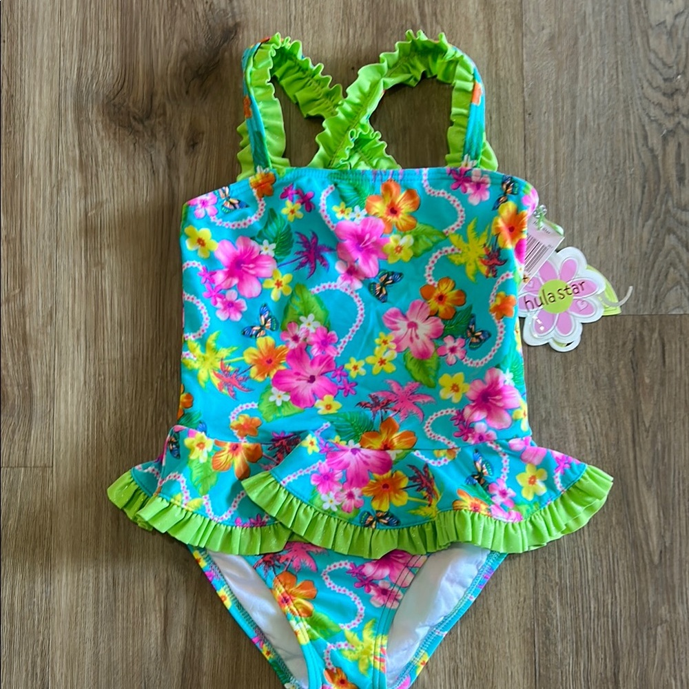 Hula Star Blue and Green One Piece Swimsuit with Tropical Flair